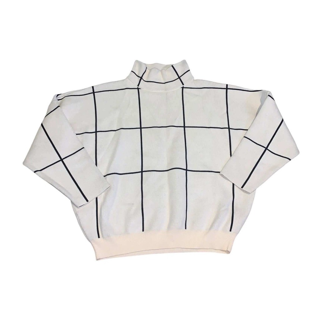 Chicwish Sweater Women M/L Cream Black Wool Blend Windowpane Grid Mock Neck Chic
